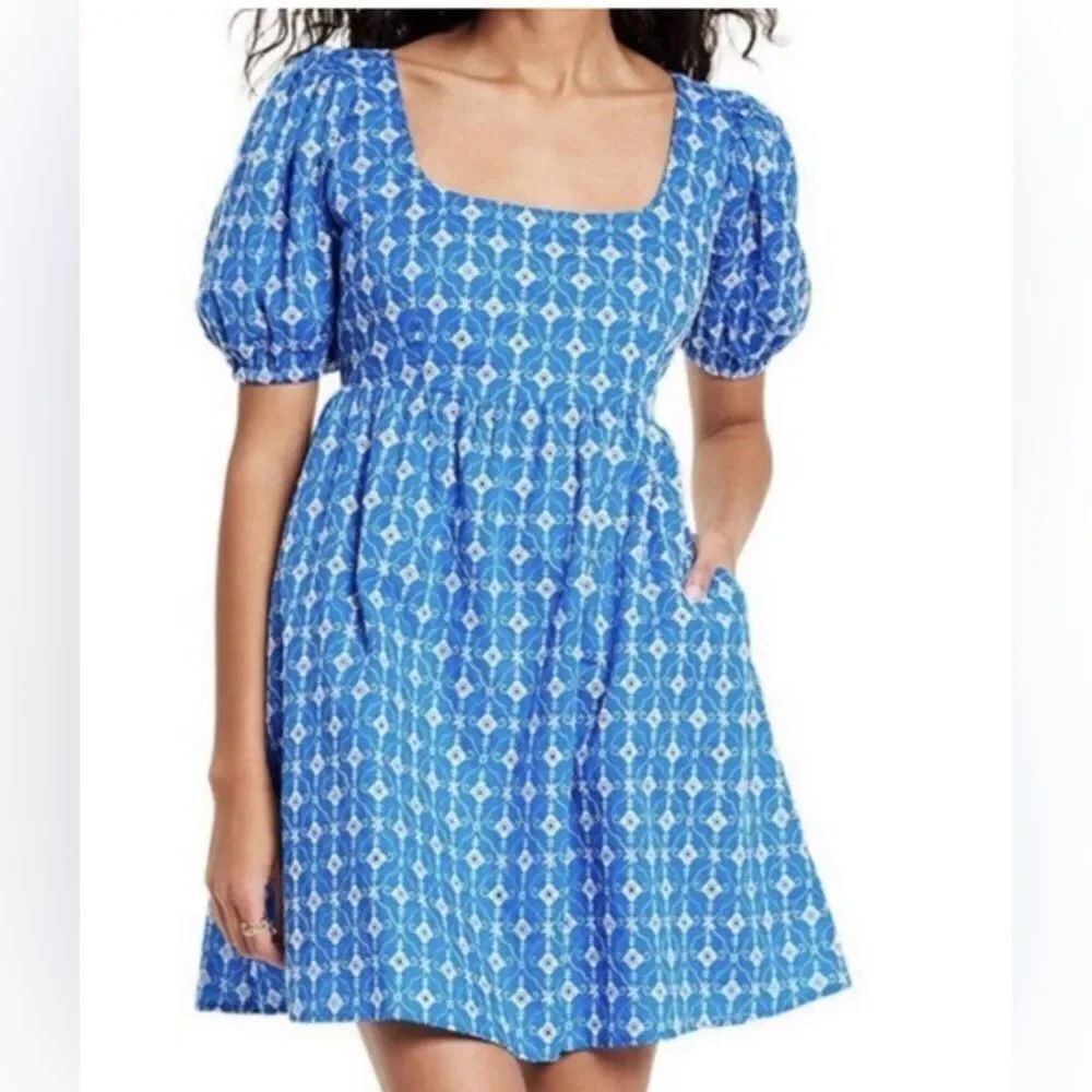 Rhode x Target Eyelet Mini Dress Light Blue pockets Size L Babydoll